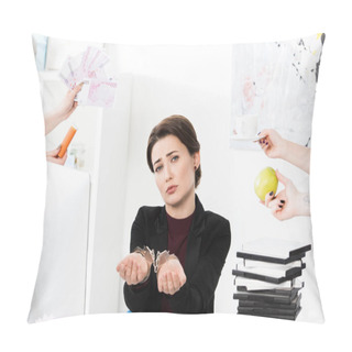 Personality  Sad Businesswoman Showing Hands With Handcuffs While Secretaries Holding Money, Cup And Apple In Office Pillow Covers