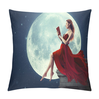 Personality  Woman Reading Book Over Full Moon Pillow Covers
