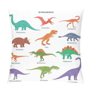 Personality  Set Of Dinosaurs Including T-rex, Brontosaurus, Triceratops, Velociraptor, Pteranodon, Allosaurus, Etc. Isolated On White Pillow Covers