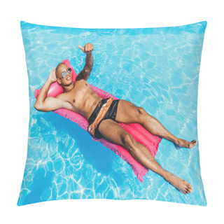 Personality  African American Man Showing Thumb Up While Sunbathing On Inflatable Mattress In Swimming Pool Pillow Covers