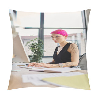 Personality  Focused Pink Haired Woman With Tattoos Looking At Her Computer While Working Hard, Business Pillow Covers