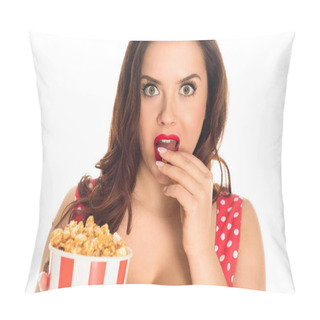 Personality  Shocked Plus Size Woman Eating Popcorn And Looking At Camera Isolated On White Pillow Covers