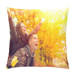 Personality  Happy Couple In Autumn Park. Fall. Family Having Fun Outdoors Pillow Covers