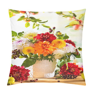Personality  Autumn Still Life With Garden Flowers. Beautiful Autumnal Bouquet In Vase On Wooden Table. Colorful Dahlia, Chrysanthemum And Berries. Pillow Covers