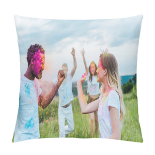 Personality  Selective Focus Of Multicultural Friends With Colorful Holi Paints On Faces Pillow Covers