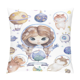 Personality  Cute Smiling Girl Brown Hair Flowers In Head Take Blue Planet In Hands Set Of Satellites, Planet And Funny Hamster Watercolor Set With Space Objects Isolated On White Cartoon Illustration For Children Pillow Covers