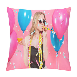Personality  Gorgeous Trendy Young Woman In Party Outfit Celebrating Birthday. Party Mood, Balloons, Flying Confetti, Cocktail And Dancing Concept On Pastel Pink Background.  Pillow Covers