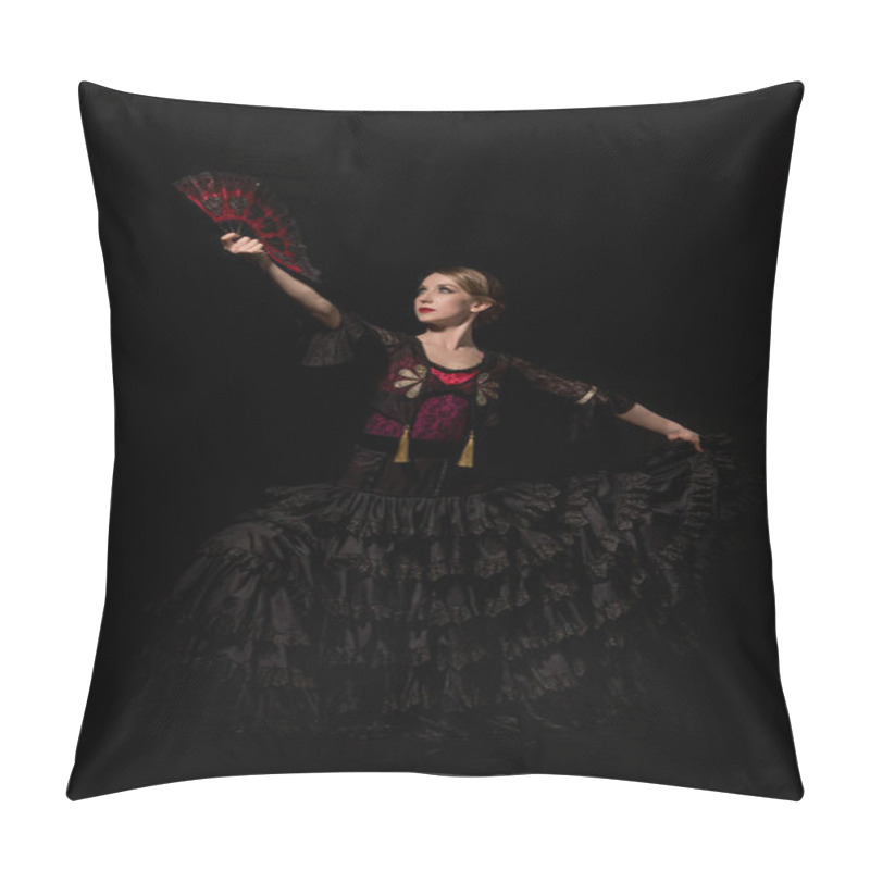 Personality  Pretty Flamenco Dancer Looking At Fan And Touching Dress Isolated On Black  Pillow Covers