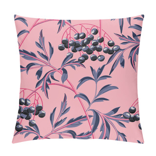Personality  Black Elderberry Branch With Berries And Leaves On Pink Background. Vector Seamless Pattern. Pillow Covers