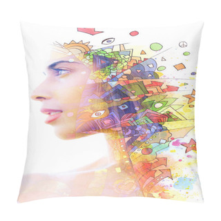 Personality  Paintography. Double Exposure Portrait Of A Young Beautiful Woma Pillow Covers