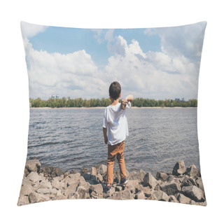 Personality  Back View Of Cute Boy Holding Rock Near Blue River  Pillow Covers