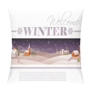 Personality Idyllic Farming Landscape Flayer Design With Text Logo Welcome Winter And Snow Background. Villa Houses, Chirch, Barn, Mill, Snowman And Christmas Tree. Four Seasons Year Calendar Collection. Pillow Covers