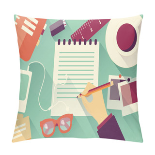 Personality  Writing Into Notebook Background With Coffee, Photos, Glasses And Flash Drive, Vector Pillow Covers