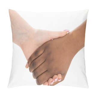 Personality  Two Hands In A Cordial Embrace. Handshake. Two Women Holding Hands. Two Hands Of Different Races In A Loving Embrace. African And European. Pillow Covers