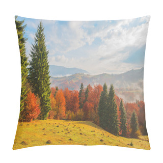 Personality  View Of Mountain Forest Sunrise With Dramatic Cloudy Sky On Background. Beautiful Landscape With Coniferous Trees On Hillside Meadow. Concept Of Nature. Pillow Covers