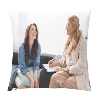 Personality  Smiling Brunette Woman Having Consultation With Therapist Pillow Covers