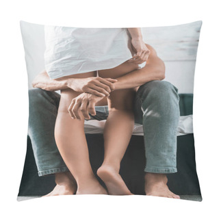 Personality  Cropped Shot Of Man Embracing His Girlfriends Legs While Sitting On Bed Pillow Covers