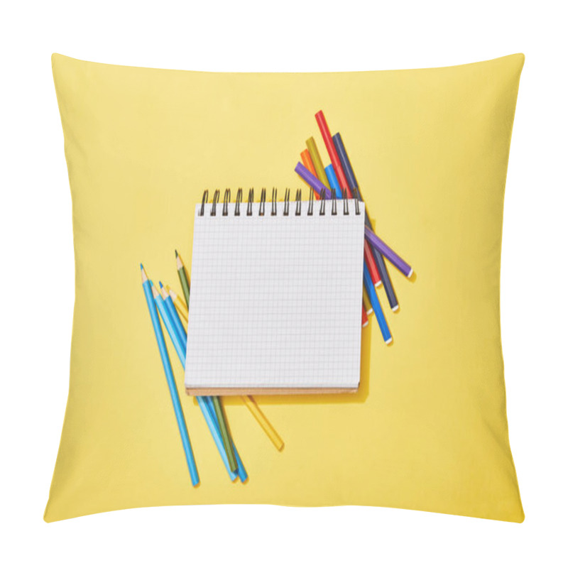 Personality  Top View Of Colored Pencils And Felt Pens Scattered Near Blank Notebook On Yellow Pillow Covers
