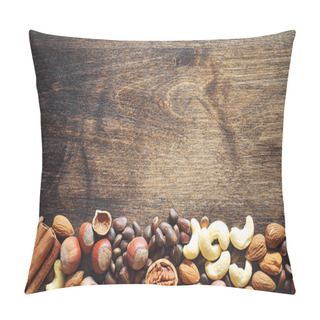 Personality  Different Nuts On A Wooden Table. Cedar, Cashew, Hazelnut, Walnu Pillow Covers