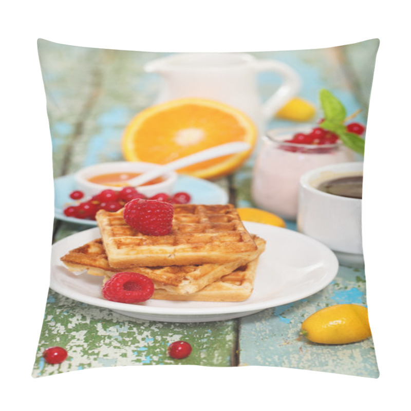 Personality  Delicious Breakfast With Fresh Coffee, Fresh Waffles And Fruits Pillow Covers