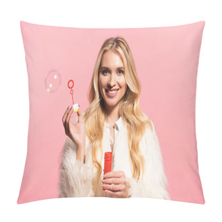 Personality  Happy Blonde Girl In White Faux Fur Coat Holding Soap Bubbles Isolated On Pink  Pillow Covers