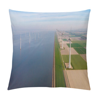 Personality  Huge Windmill Turbines, Offshore Windmill Farm In The Ocean Westermeerwind Park , Windmills Isolated At Sea On A Beautiful Bright Day Netherlands Flevoland Noordoostpolder Pillow Covers