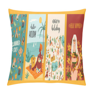 Personality  Set Of Bright Summer Illustrations With Cute Women. Summer Holliday, Vacation, Travel. Vector Templates Pillow Covers