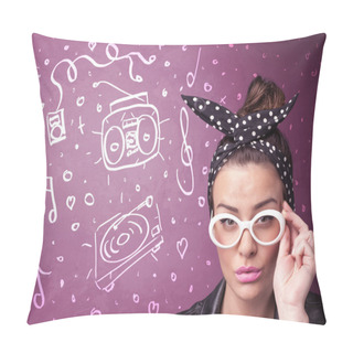 Personality  Happy Funny Woman With Shades And Hand Drawn Media Icons Pillow Covers
