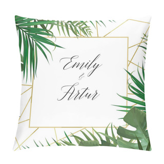 Personality  Wedding Vector Art Floral Invite Invitation Card Design With Watercolor Style Tropical Forest Palm Tree Green Leaves, Exotic Greenery Herbs & Elegant Golden Frame Decoration. Luxury Botanical Template Pillow Covers