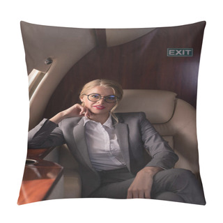 Personality  Beautiful Businesswoman Sitting In Plane During Business Trip Pillow Covers
