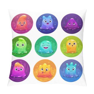 Personality  Little Cute Cartoon Colorful Glitter Slime Characters Set. Jelly Tiny Monsters Set. Vector Stiickers With Comic Slimy Aliens. Pillow Covers