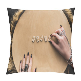 Personality  Top View Of Woman Touching Ancient Runes On Wooden Surface  Pillow Covers