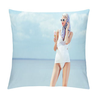 Personality  Beautiful Slim Girl In Vintage Swimsuit Holding Ice Cream And Posing Near The Sea In Summer Pillow Covers
