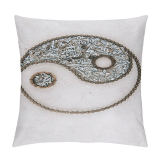 Personality  Top View Of Aged Metal Gears And Screws Arranged In Taijitu Symbol On Grey Background Pillow Covers