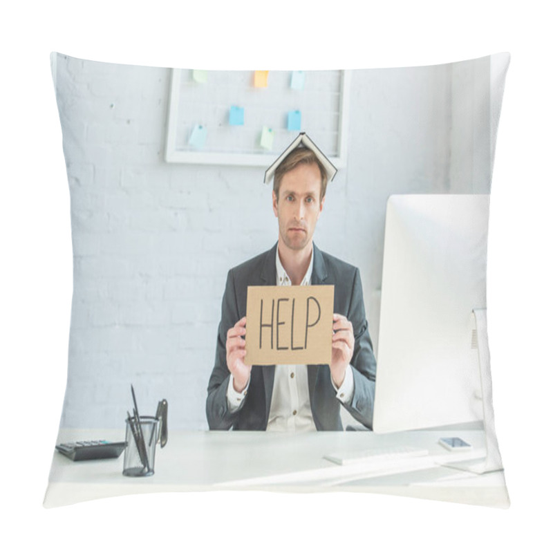 Personality  Sad Businessman With Notebook On Head, Holding Cardboard With Help Lettering, While Sitting At Workplace Pillow Covers