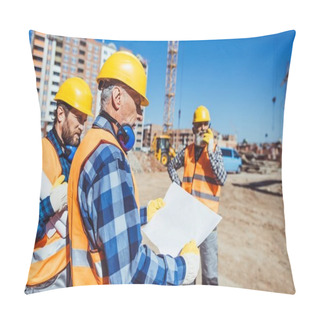 Personality  Construction Worker Examining Building Plan Pillow Covers