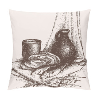 Personality  Vector Still Life: Fish, Bread, Oil, Bitter Herbs And Wine Pillow Covers