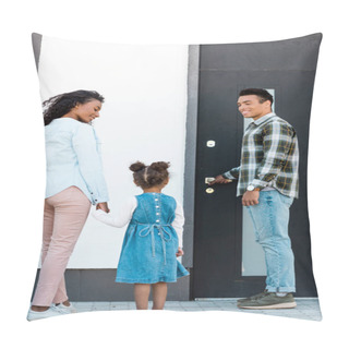 Personality  Full Length View Of African American Father Opening Door While Mother And Kid Walking To Man   Pillow Covers