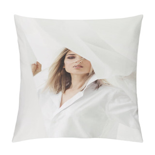 Personality  Portrait Of Attractive Woman In White Curtain. Total White Pillow Covers