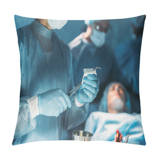 Personality  Cropped Image Of Surgeon Cleaning Surgical Tweezers In Surgery Room Pillow Covers