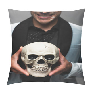 Personality  Cropped View Of Blurred Man With Sarcastic Smile Holding Creepy Skull Isolated On Grey Pillow Covers