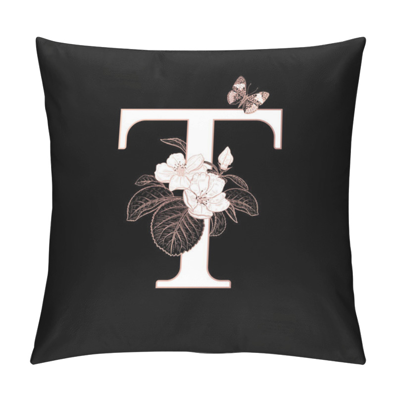 Personality  Letter T, flowers flowering sakura branches and butterfly isolated. Vector decoration. Black, white and gold. Vintage illustration. Floral pattern for greetings, wedding invitations, text design. pillow covers