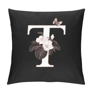 Personality  Letter T, Flowers Flowering Sakura Branches And Butterfly Isolated. Vector Decoration. Black, White And Gold. Vintage Illustration. Floral Pattern For Greetings, Wedding Invitations, Text Design. Pillow Covers