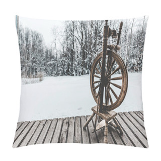 Personality  Vintage Loom On Textured Wooden Planks With Winter Forest On Background Pillow Covers