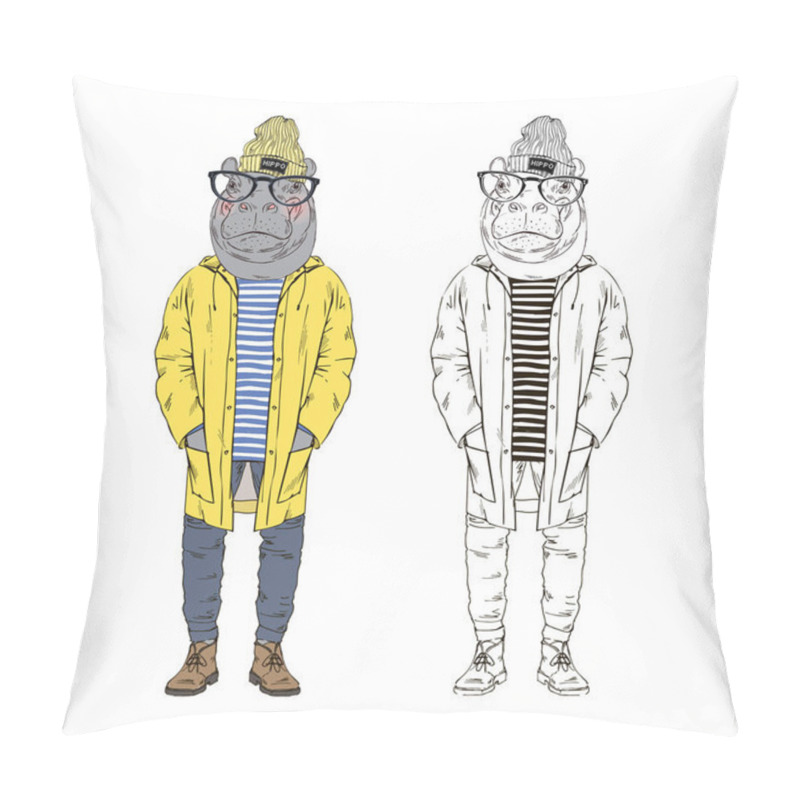 Personality  hippo  in yellow raincoat pillow covers