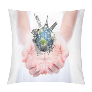 Personality  Woman Hands Hold Travel Around The World (Japan,France,Italy,New Pillow Covers