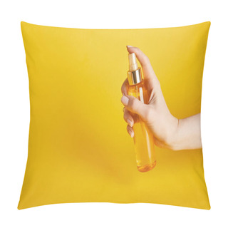 Personality  Cropped View Of Woman Holding Suntan Oil In Spray Bottle On Yellow Background Pillow Covers