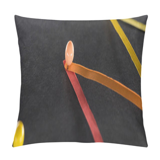 Personality  Panoramic Shot Of Multicolored Abstract Connected Lines With Pins On Black Background, Connection And Communication Concept Pillow Covers