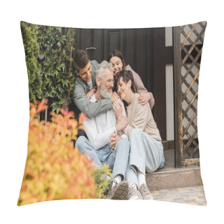 Personality  Smiling Children Hugging Happy Middle Aged Parents While Sitting On Porch Of House Together And Celebrating Parents Day At Backyard In June, Family Traditions And Celebrations Concept Pillow Covers
