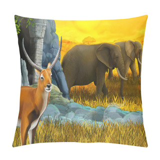 Personality  Cartoon Safari Scene With Family Of Antelopes And Elephant On The Meadow Illustration For Children Pillow Covers